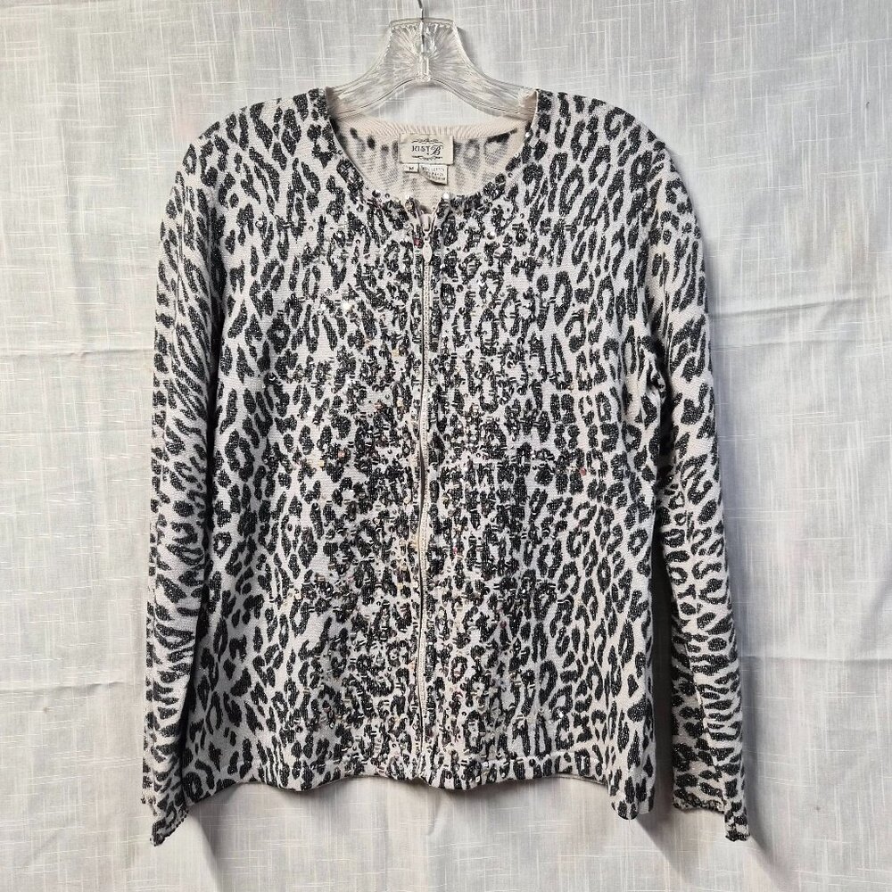 Just B Leopard Print Sequin Zip-Front Cardigan Sweater Size M